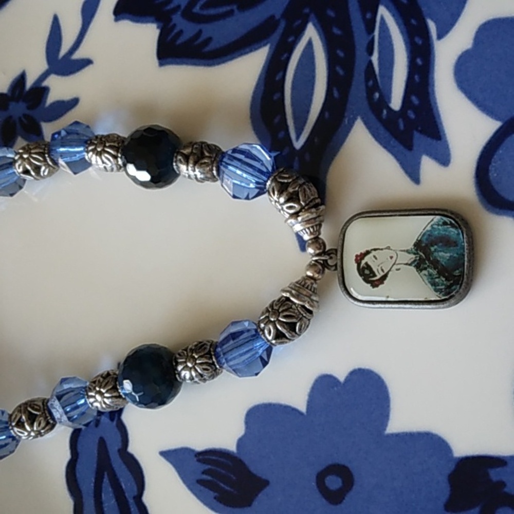 Handmade Blue and Silver Beaded Pendant Necklace With Image of Woman